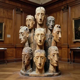 realistic photo portrait of the a sculpture of a group portrait of heads made of wood, poorly designed in style of arte povera, fluxus, dadaism, joseph beuys, ugly made, low quality standing in the wooden polished and fancy expensive wooden museum interior room 1 9 9 0, life magazine reportage photo
