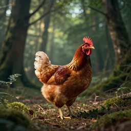 a chicken standing in the forrest, beautiful dynamic lighting, cinematic, wide angle establishing shot, extremely high detail, photo realistic, cinematic lighting, post processed, concept art, artstation, matte painting, style by frederic church, raphael lacoste, unreal engine 8 k