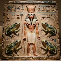 ancient hieroglyphic relief of frogs surrounding an Egyptian statue, 40mm lens, shallow depth of field, split lighting