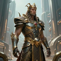 king of Atlantis, wearing unknown material precious and strong outfit, half human half alien, digital art, trending on artstation, ultra futuristic city in the background, perspective depth, highly detailed, 8k, Rembrandt, WLOP, Craig Russell, Barry qindsor-smith, Greg rutkowski, Alphonse Mucha
