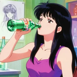 beautiful woman drinking straight from liquor bottle, sprite, vaporwave nostalgia, directed by beat takeshi, visual novel cg, 8 0 s anime vibe, kimagure orange road, maison ikkoku, sketch by da vinci