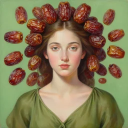 epic painting, upper body portrait of beautiful goddess in olive blouse with with sweet dried dates fruits fractals, medjool dates, dried dates around head,, green tea leaves background, golden glow background, drawing, photography by amy leibowitz, wlop, jeremy lipkin, beeple, intricate golden fractals, brown hair, symmetrical front facing portrait, artger