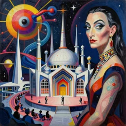 an extremely high quality hd surrealism painting of a 3d galactic neon complimentary-colored cartoon surrealism melting opticall illusion high-contrast zaha hadid complex mosque concert by kandalinsky and sylvia dali the eigth, salvador dali's much much much much more talented painter husband, clear shapes, 8k, realistic shading, ultra realistic, super realistic