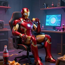 iron man sit on chair and eats chips in front of laptop in detailed gamer room, coke and chips everywhere, cyberpunk concept art, trending on artstation, highly detailed, digital art, 8 k