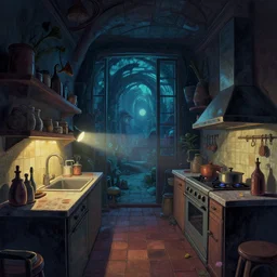 naive nerikomi, weird perspective, extra narrow, detailed illustration of a kitchen dim lit by flashlight in a scenic spiral environment by anton fadeev from lorax movie, trending artstation, synthwave