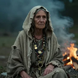 an elderly woman wearing a hood and robe of multiple layers of drab colored torn linen, she’s wearing a necklace made of string and cable with golden rings and coins intertwined, lit by campfire, smoky, haze, film grain, cinematic moody, artstation, concept art, filmic by Craig Mullins
