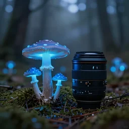 blue forest, glowing mushrooms, sigma lens, strong bokeh, photography, highly detailed, 8 5 mm, f / 1. 3, fog, dusk, fantasy