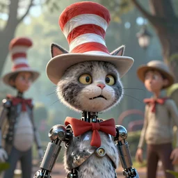 complex 3 d render, hyper detailed, ultra sharp, cyborg cat in the hat, scary, comical, cinematic, natural soft light, rim light, octane render, artstation, art by artgerm and greg rutkowski and alberto seveso, dr seuss