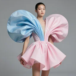 ball shaped accordion sleeve haute couture, striking pose, dynamic folds, volume flutter, youthful, modeled by modern designer bust, award fashion, picton blue, petal pink gradient scheme, holographic tones, expert composition, professional retouch