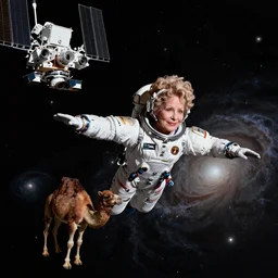Dolly Parton flying in space, a camel floating in space, James Webb Space Telescope, photograph, dark matter, galaxies, depth of field, photo realistic