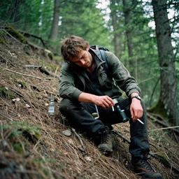 a guy hiking up a steep hill with vodka and a cigarette in his hands, photo taken in a forest, guy looks extremely exhausted