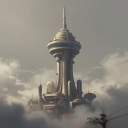 retrofuristic tower rising from smog. Detailed digital matte painting trending on artstation