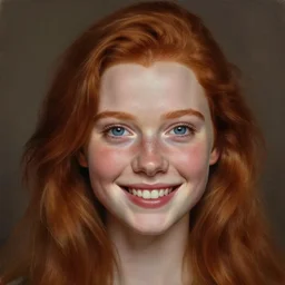 hyper realistic painting portrait of a smirking redhead girl, with beautiful blue eyes, detailed face by stjepan sejic, by norman rockwell, by michael hussar