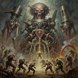 oil paint of 1 1 horrifying machines as genetic new flayed gods in tiers, turbine whipped, colossal medical gangrene machines in tiers, dethroning / we machines / melee, battle pit, by shigeru komatsuzaki, wayne d barlowe, stefano tamburini, ember light, muted colors, epic, hyper detailed, awe inspiring, award winning horror, narrative lighting