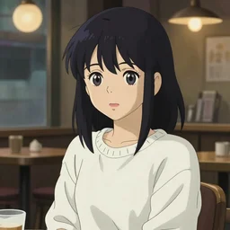 beautiful anime girl with black hair and bangs, wearing a white sweater, fine details portrait, alone in a coffee shop, night time, bokeh. anime masterpiece by Studio Ghibli. illustration, sharp high-quality anime illustration in style of Ghibli, Ilya Kuvshinov, Artgerm