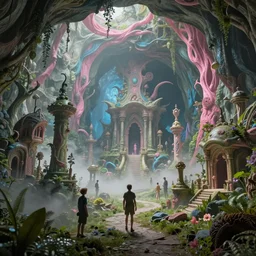 the overgrown alien elvish cave village by charlie bowater and anna dittmann and artgerm and clemens ascher, intricate, elegant, pink and blue and green mist, highly detailed, dramatic lighting, sharp focus, octane render, trending on artstation, artstationhd, artstationhq, unreal engine, 4 k, 8 k