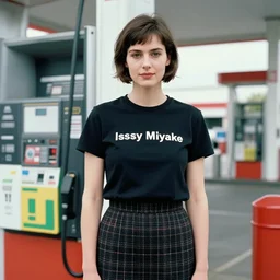 polish woman with short hair wearing an issey miyake t - shirt and skirt at a gas station, portrait, colored photo, clear face, by annie liebovitz, david bailey, nan goldin
