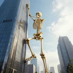 giant human skeleton climbing the side of a ( ( ( ( ( skyscraper ) ) ) ) ), 4 k, volumetric lighting, epic scale, surrealism, hyperrealistic, aesthetic octane render