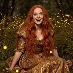a totally amazed smiling fit woman surrounded by golden firefly lights in a mesmerizing scene, sitting amidst nature fully covered! intricate detailed dress, long loose red hair, precise linework, accurate green eyes, small nose with freckles, beautiful smooth oval head, expressive emotions, hyper realistic ultrafine portrait by artemisia gentileschi, jessica rossier, boris vallejo