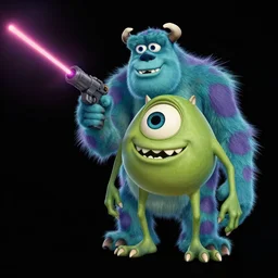 “ creature in the style of monsters inc holding laser gun, floating alone, with a black background, digital art, award winning, trending on art station, retro style ”