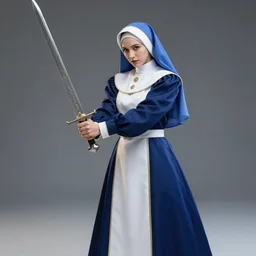 battle nun clothed in her habits of white and blue, wielding a broadsword, hyper realistic, photographic, award winning, trending on artstation, unreal engine
