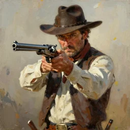 an extremely detailed masterpiece color portrait of a 1 8 9 0's gunslinger while drawing his gun, in the style of frank auerbach, digital art
