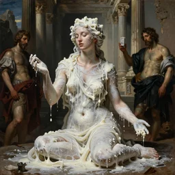 Beautiful woman covered with melted white candle wax by Nicola Samori, Ilya Repin, William Blake, Michelangelo da Caravaggio and Beksinski, ancient abandoned temple on background, dramatic volumetric lighting, full body portrait, highly detailed oil painting, trending on artstation, 4k, masterpiece