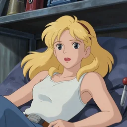 Character portrait of a tank top-clad blonde female airship mechanic resting in her cramped bunk, steampunk, beautiful face, striking eyes, highly detailed, animation cel, vibrant shading, vintage anime screenshot, by Studio Ghibli and Disney Animation, Artgerm