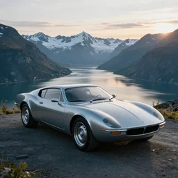 a photo of a shiny retro futuristic vintage car parked at deserted scenic viewpoint in alaska, volumetric lighting, serene, epic, beautiful, summer morning dew, sharp focus, ultra detailed, cgsociety