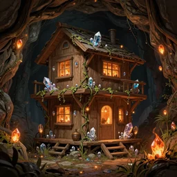 in the underground firefly cave, there is a double - layer wooden house inlaid with crystals and bound by vines. the atmosphere is very strong, trending on artstation, illustrated by greg rutkowskia, 4 k digital art, intricately detailed