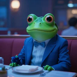 the most beautiful cybercore frog diner, casual elegant suit, blue low - light photography, angelic detail, scene from cannes award winning movie