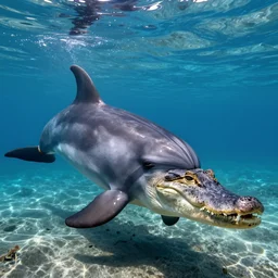 a dolphin alligator!!! hybrid! hyper realistic!! realistic lighting!! wildlife photographer of the year!!! bold natural colors, national geographic, hd, wide angle, 8 k