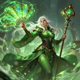 a white - haired witch holding a gnarled staff, elle fanning, wisdom of the ages, glowing iridescent accents, digital apex legends illustration portrait, gorgeous lighting, wide angle action dynamic portrait, art by josan gonzalez, bright colors, green and gold palette, high contrast