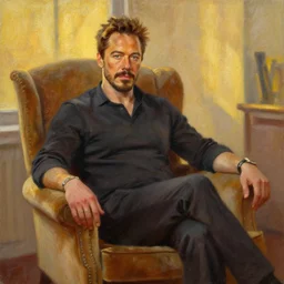 detailed oil painting of tony stark sitting in an armchair in a room with the setting sun, by jama jurabaev, brush hard, golden hour