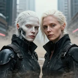 cinestill 5 0 d photographic portrait by helen levitt of a white and mixed female android adult couple wearing rugged black techwear in a brilliant cyberpunk city, extreme closeup, modern cyberpunk, dust storm, 8 k, hd, high resolution, 3 5 mm, f / 3 2, ultra realistic faces, intricate detail, ex machina