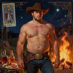 a dramatic, epic, ethereal painting of a handsome thicc shirtless cowboy with a beer belly wearing a large belt | background is a starlit night campfire with food and jugs of whisky | homoerotic | fire, flames, stars, tarot card, art deco, art nouveau | by Mark Maggiori | trending on artstation