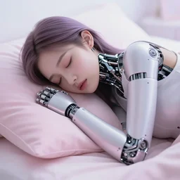 beautiful cyborg asleep, diffuse lighting, pastel colors