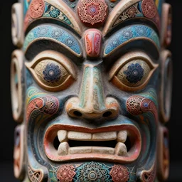 close - up symmetrical tiki mask with eyes, colorful, psychedelic, patterns, fine mandelbrot fractal lace, 1 5 0 mm, soft rim light, elegant, hyper real, depth of field, ultra detailed, octane render, hg giger, 1 6 k