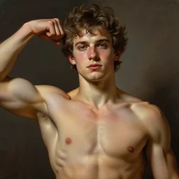 hyperrealistic painted portrait of rugged young teen twink zeus greek god showing biceps handsome handsome upper body muscular elegant detailed digital painting trending artstation concept art sharp focus illustration art by alphonse mucha greg rutkowski