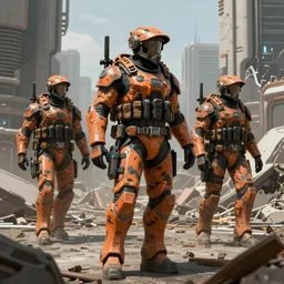 detailed sci-fi art, soldiers wearing orange camouflage futuristic tactical armor advancing through a devastated futuristic city, highly detailed, digital painting, artstation, concept art, smooth, sharp foccus ilustration, Artstation HQ.
