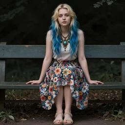 dslr photo of a pretty young woman, full bodied portrait, with blue and blonde hair, sitting on a bench wearing a flower skirt, and body and wearing hemp sandals and a very detailed faerie necklace around neck, artgerm, artstation, very high quality face, extremely high quality, moody lighting, real camera, real photo, photography by deviantart, 8 k, full subject in shot