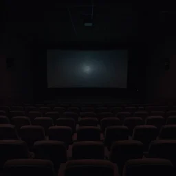 unnerving image of an infinite creepy cinema hall, the screen is very small, liminal space, dark, black, creepy