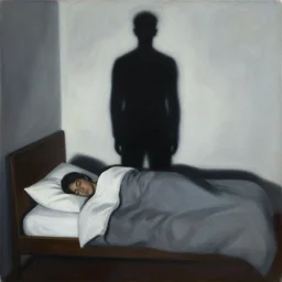 painting of a tall black shadow in front of someone's bed staring at them while they sleep