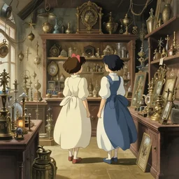 two girls in victorian dress looking around a wizardry shop full of magic artifact, wide angle, light color scheme, natural lighting, intricate details, cozy atmosphere, matte painting, illustration, by hayao miyazaki