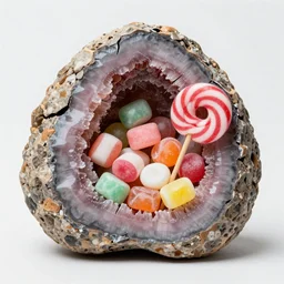 photorealistic geode which has been cracked open to reveal assorted candy and peppermints