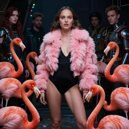 beautiful fantasy character portrait, natalie portman, wearing oversized fluffy pink bomber jacket and black leotard, ultra realistic, wide angle, dramatic lighting, flamingoes, very seductive pose, cyberpunk artifacts, highly detailed by peter mohrbacher, hajime sorayama, wayne barlowe, boris vallejo, aaron horkey, gaston bussiere, craig mullins