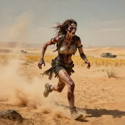 a vicious zombie lady making dust clouds while running in a extremely detailed desert wasteland with vertical fields and vehicles with a hazed background in the style of mad max and blade runner. painted by erik johansson surrealism composition perspective drawing high resolution detail.