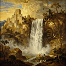 renaissance landscape art of golden cascade from the sky afternoon. gold drenched apocalyptic acropolis.