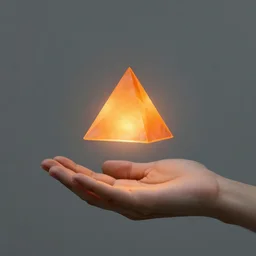 a tiny glowing orange pyramid floating above an open hand facing up