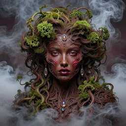 song of the billowing smoke clouds, detailed beauty portrait, chocolate, crimson wine, entwined by green fractal moss, vines, and roots, opulent swirling hair, iridescent jewellery, mycelium network, face in focus, organic background, art by wlop, peter morebacher, greg rutkowski, craig mullins, ruan jia, thomas kinkade, victor ngai